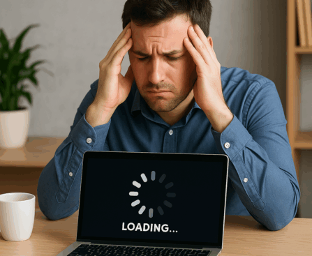 “Frustrated man sitting at a desk with his hands on his temples, staring at a laptop screen displaying a loading message, symbolizing a slow laptop.”