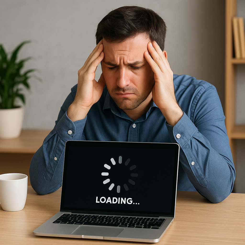 “Frustrated man sitting at a desk with his hands on his temples, staring at a laptop screen displaying a loading message, symbolizing a slow laptop.”
