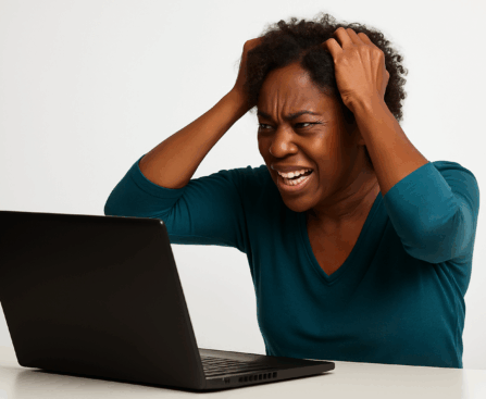 “An African American woman sitting at a desk, frustrated while using a laptop that suddenly stopped working.”